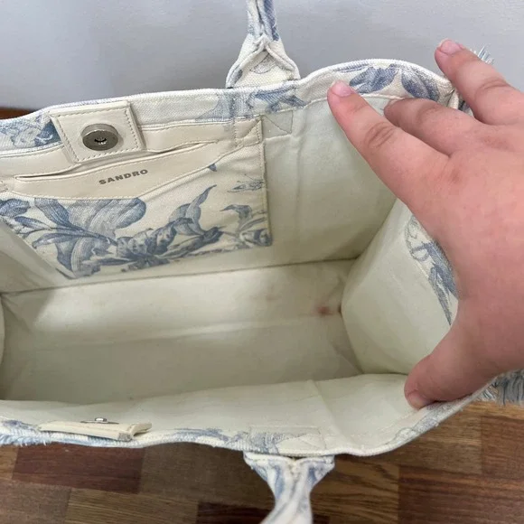 SANDRO Kabash Blue Floral Tote Bag Purse Fringe Hem Large Travel Canvas Designer - Picture 6 of 12